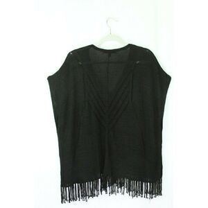 Saks Fifth Avenue Sweater Kimono Cape Pullover Sleeveless Fringe Black Womens XS
